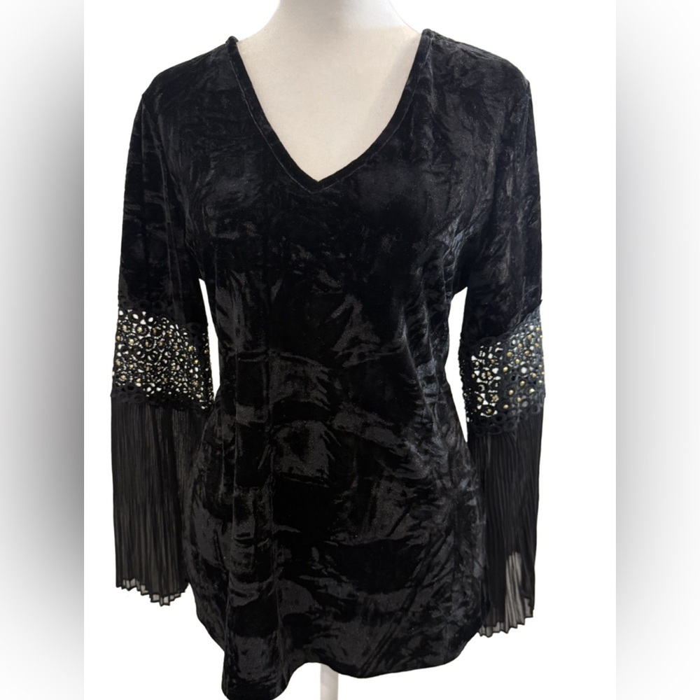 Melissa Paige Black Velvet look Blouse with Embellished Sleeves. PM